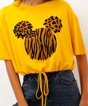 camiseta de viscose cropped com amarração mickey amarelo