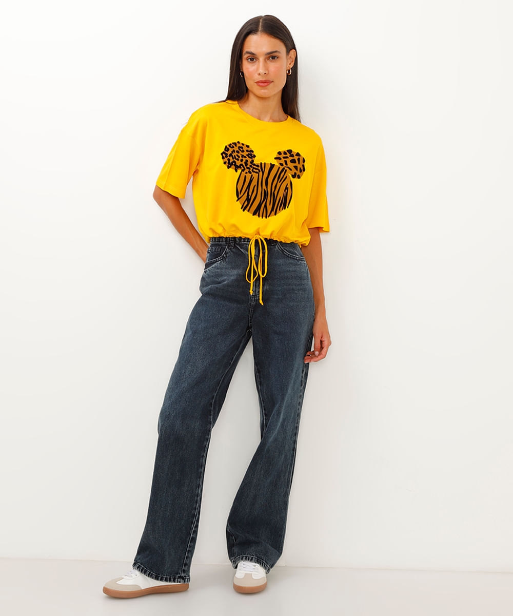 camiseta de viscose cropped com amarração mickey amarelo