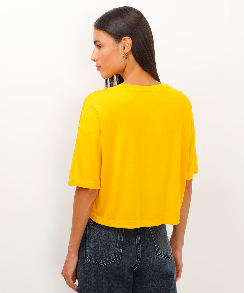 camiseta de viscose cropped com amarração mickey amarelo