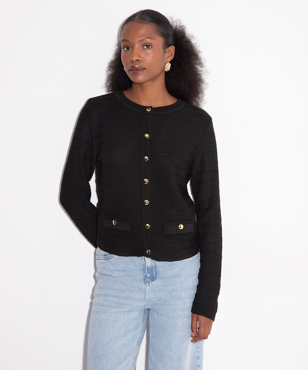 cardigan de tricot bolsos decorativos mindset preto