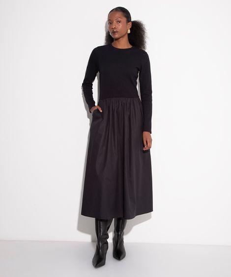 vestido de algodão manga longa com saia volumosa mindset preto