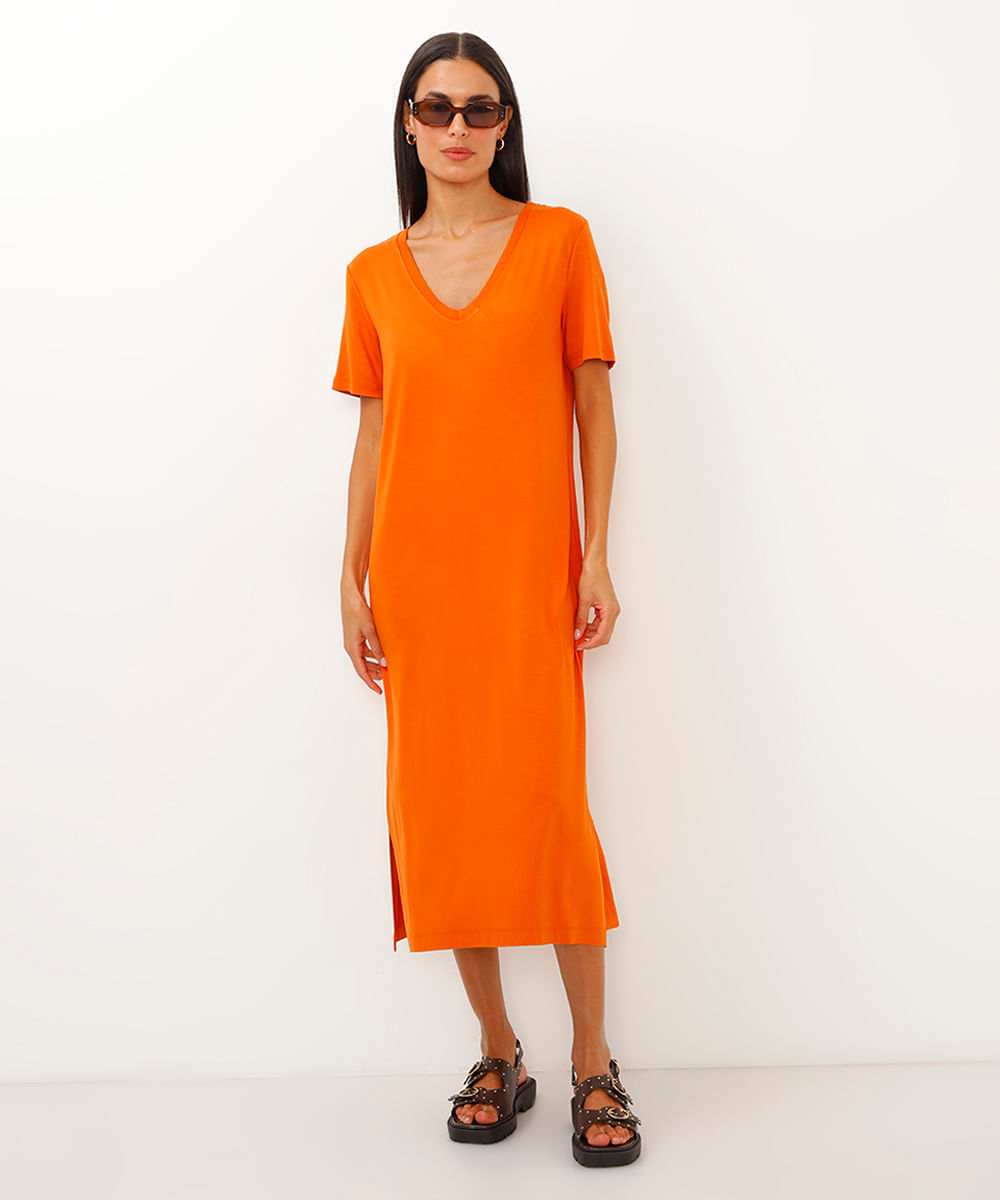 vestido midi básico de viscose decote v laranja