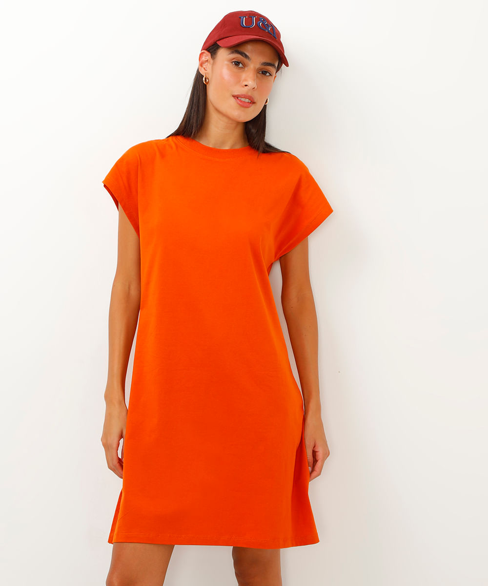 vestido curto básico manga curta areia - terracota