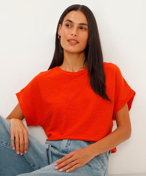 blusa texturizada manga curta laranja