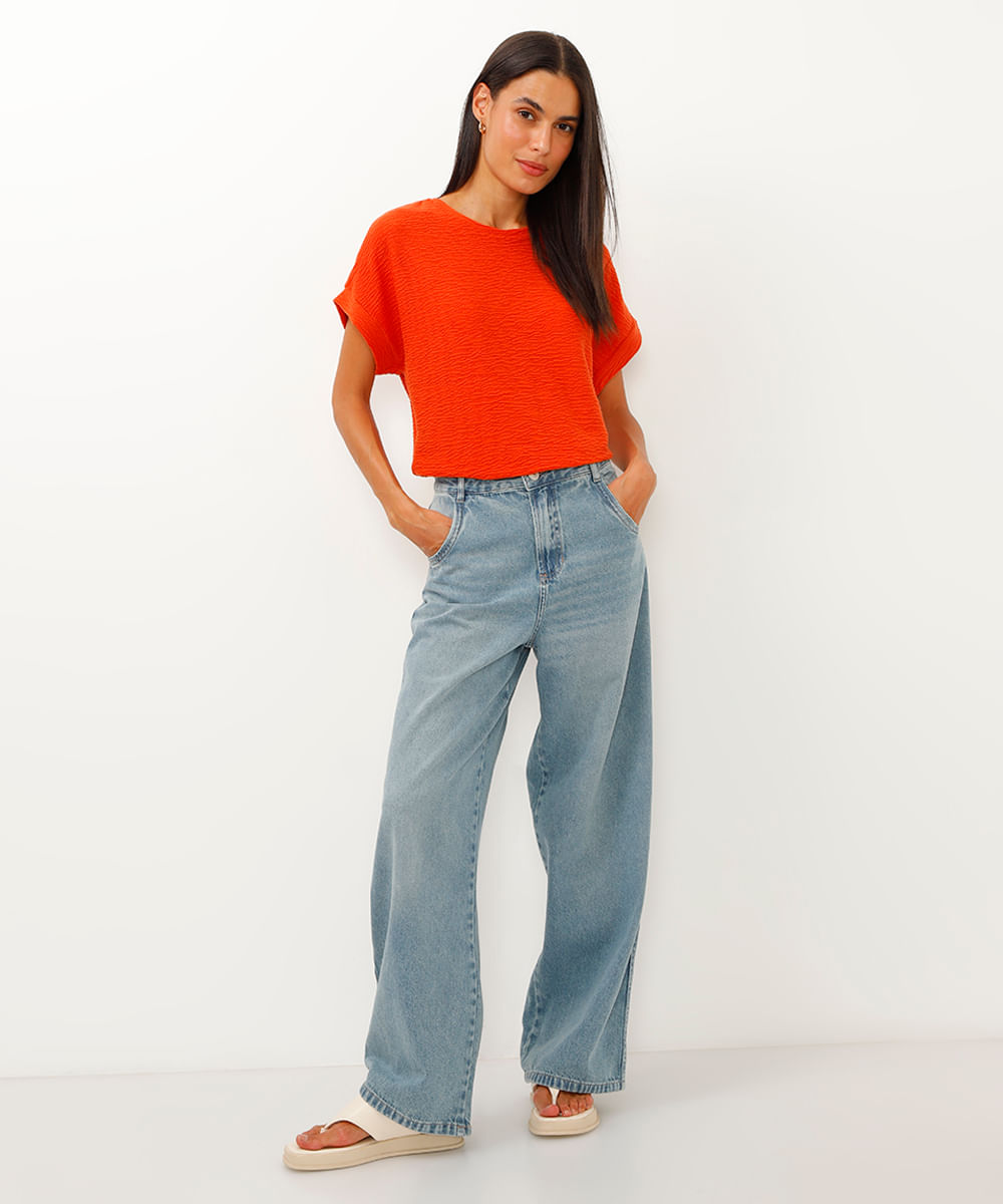 blusa texturizada manga curta laranja