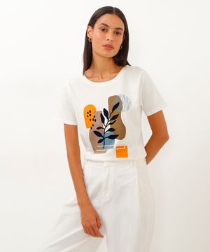 camiseta de algodão manga curta folhagem off white