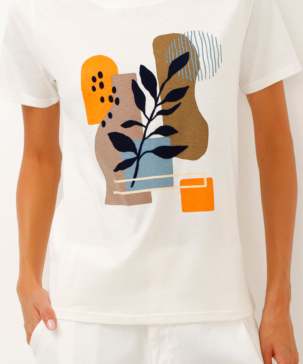 camiseta de algodão manga curta folhagem off white