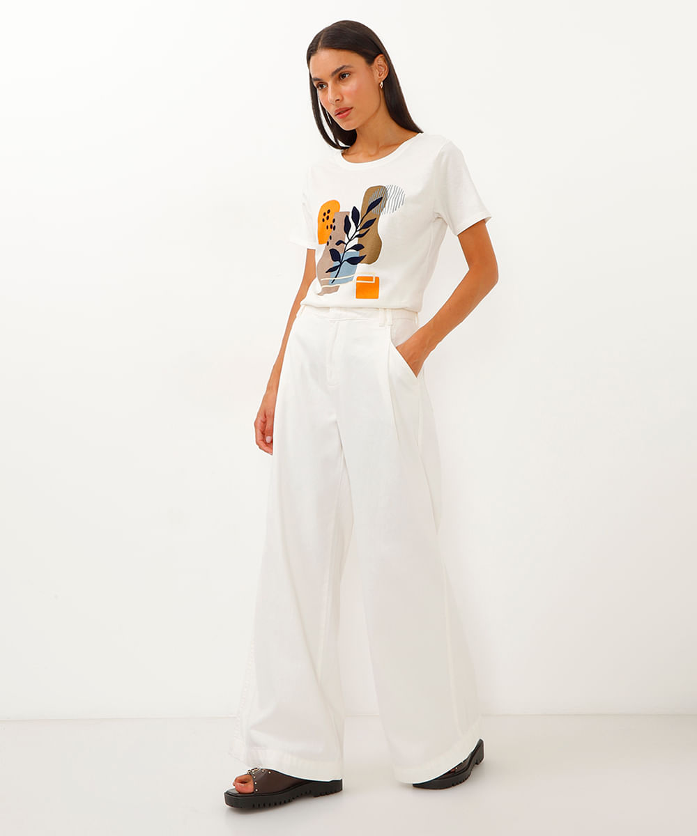 camiseta de algodão manga curta folhagem off white