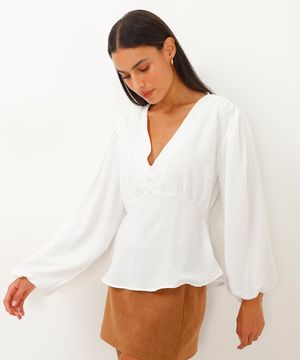 blusa manga bufante com textura em poá off white