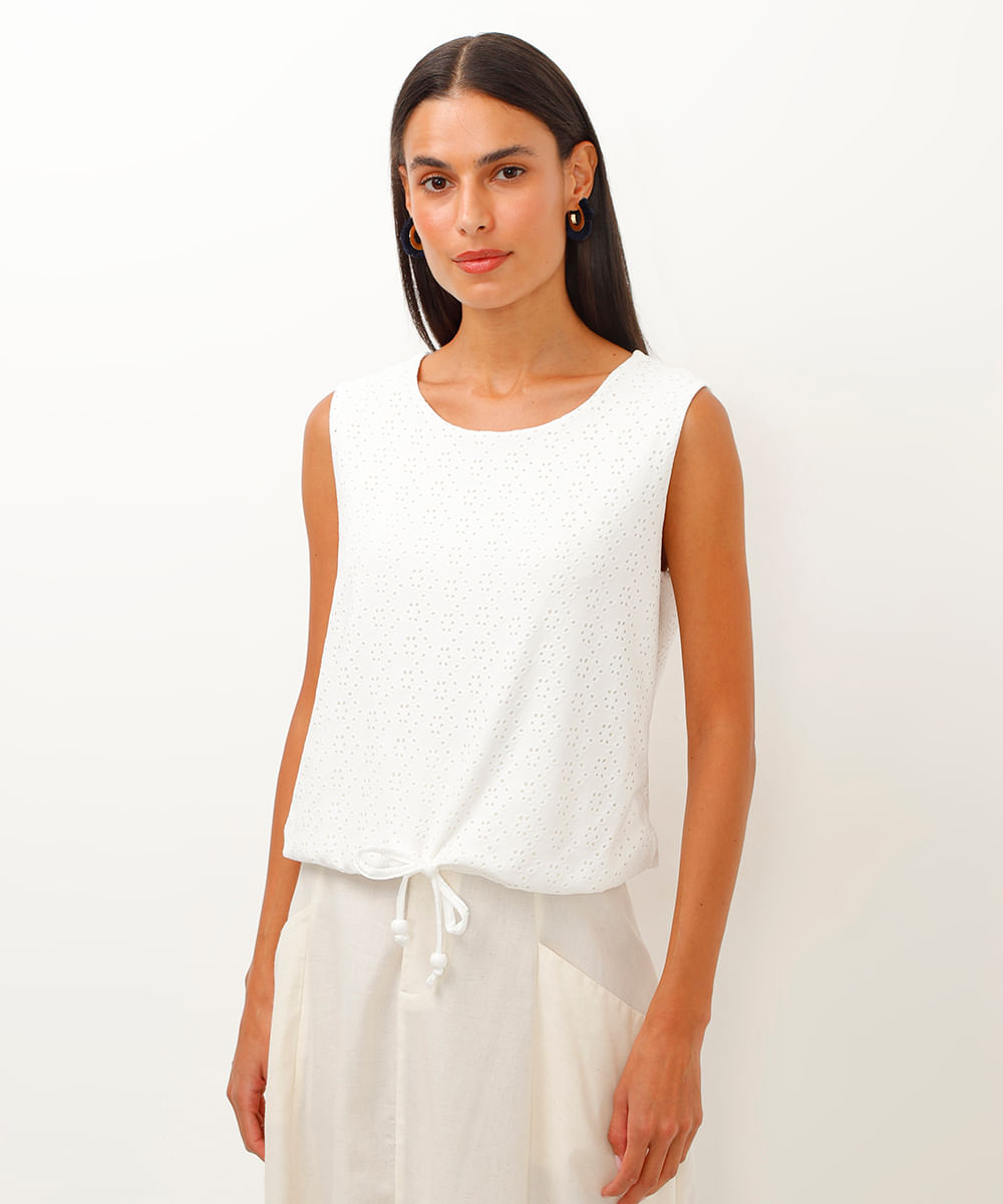 regata em laise decote redondo com amarração off white
