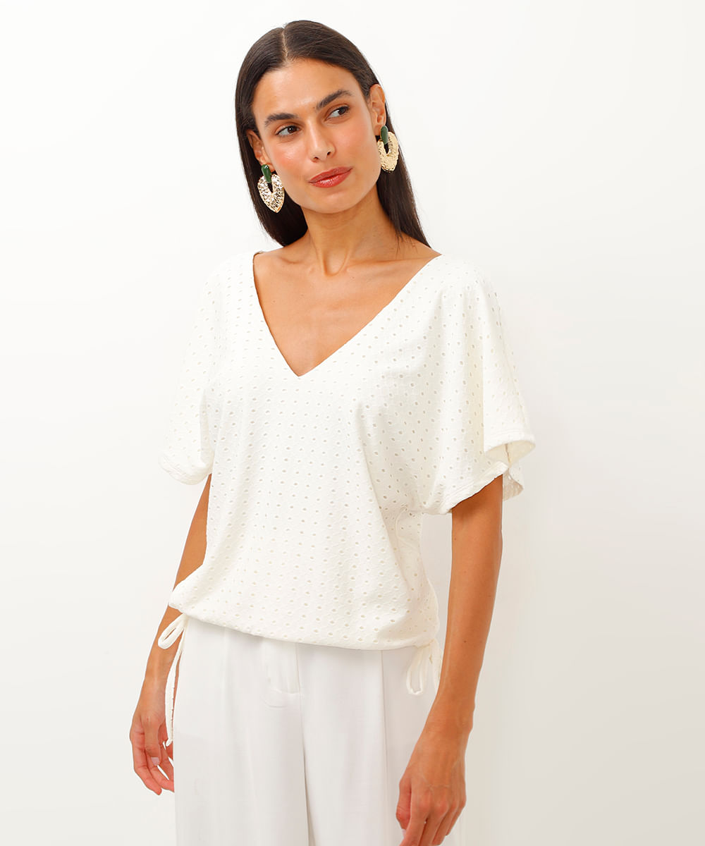 blusa de laise decote v com amarração off white