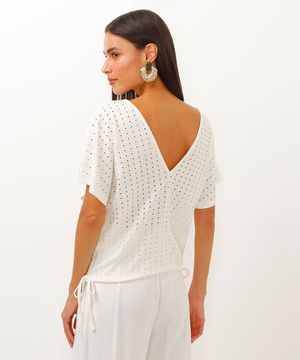 blusa de laise decote v com amarração off white