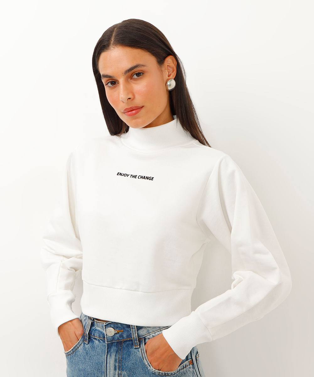 blusão de moletom cropped enjoy the chance off white