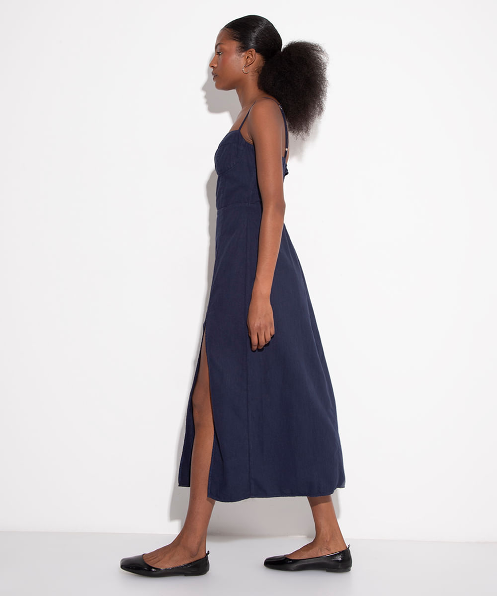 vestido midi com fenda mindset azul