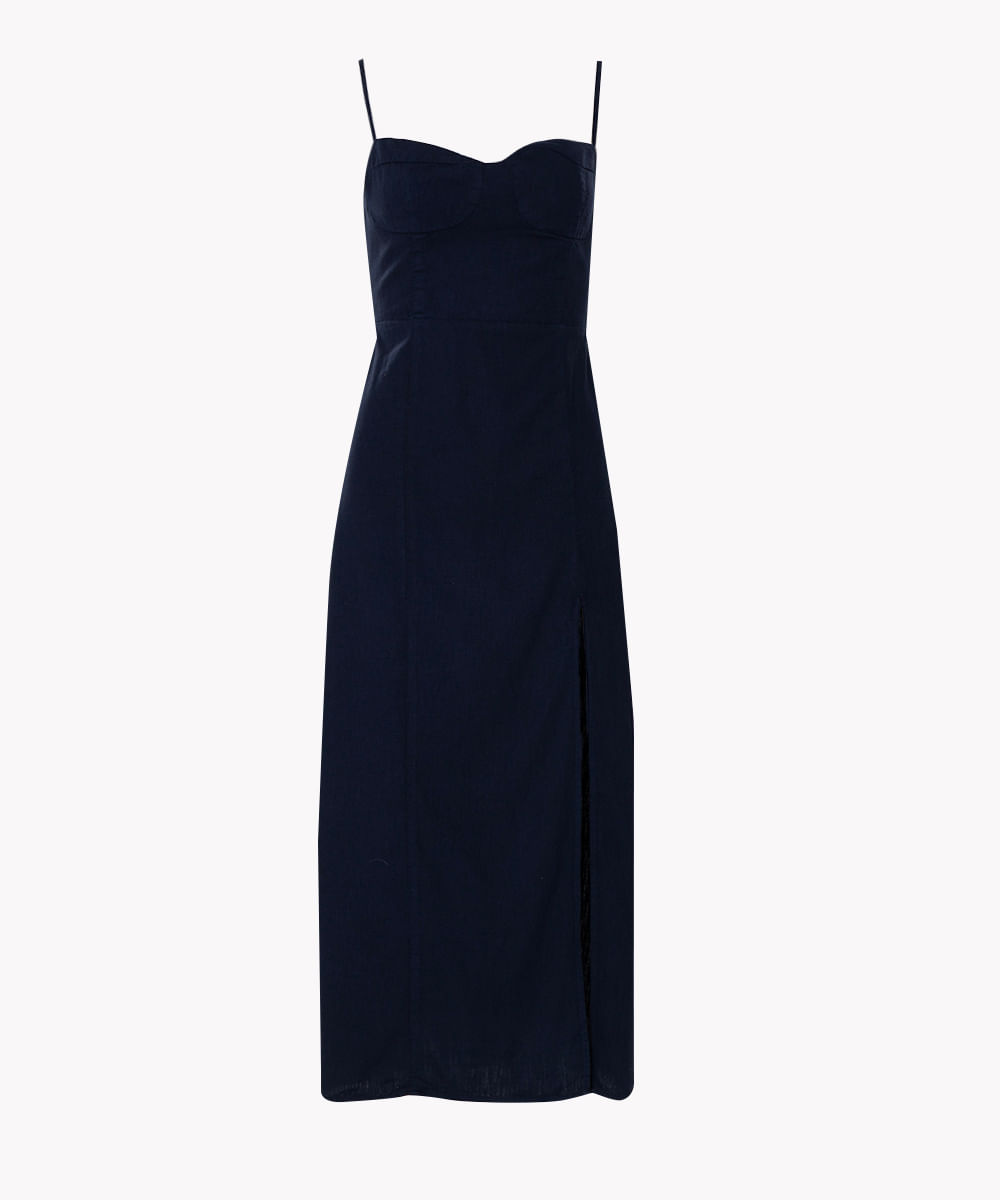 vestido midi com fenda mindset azul