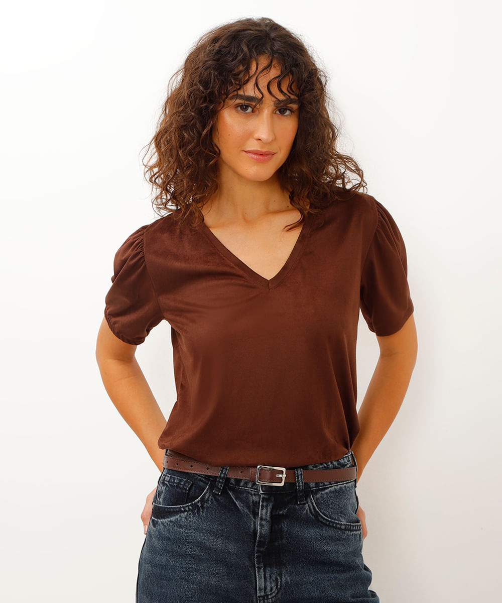 blusa de suede manga bufante decote v marrom