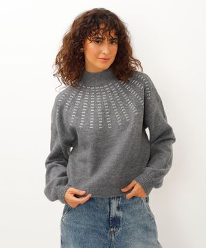 suéter de tricot gola alta com brilhos cinza