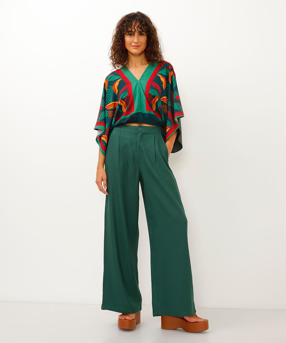 calça wide leg de viscose cintura alta verde