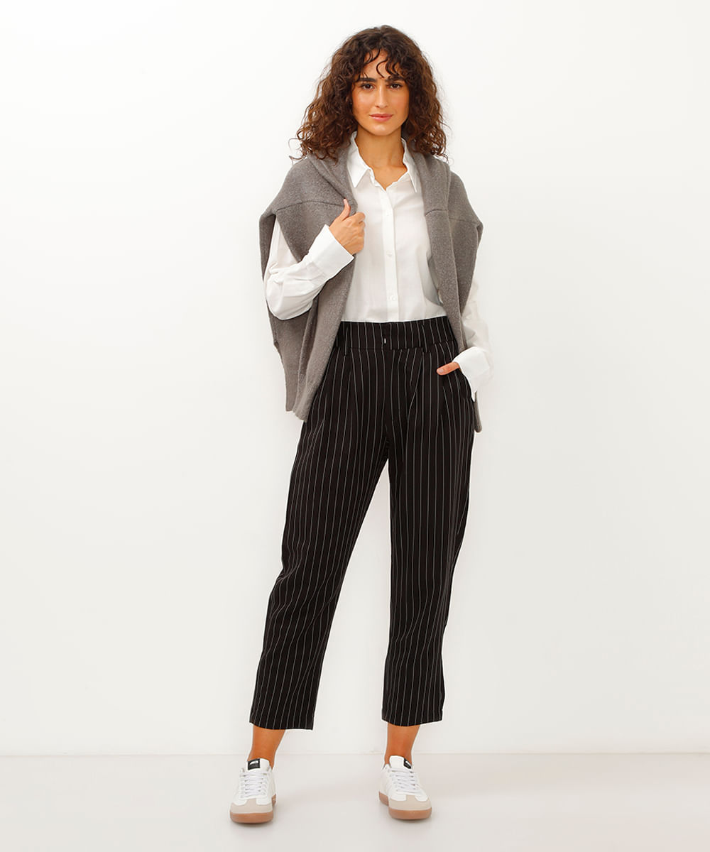 calça de alfaiataria slouchy risca de giz preto