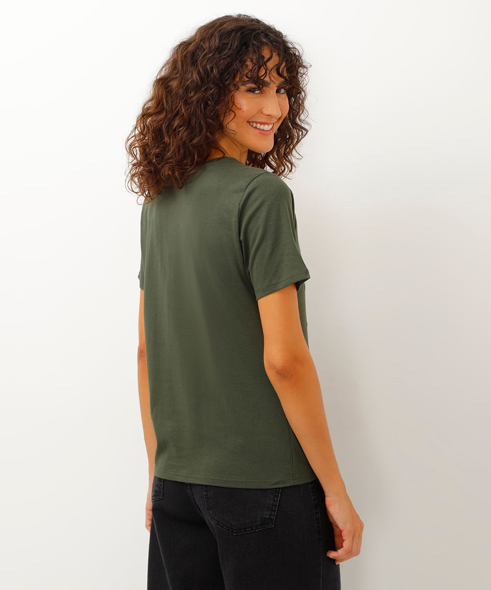 camiseta de algodão manga curta animal print verde militar