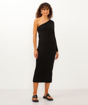 vestido midi de tricot ombro único texturizado preto