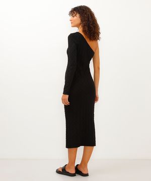 vestido midi de tricot ombro único texturizado preto
