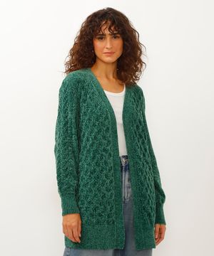 cardigan de tricot chenille alongado verde