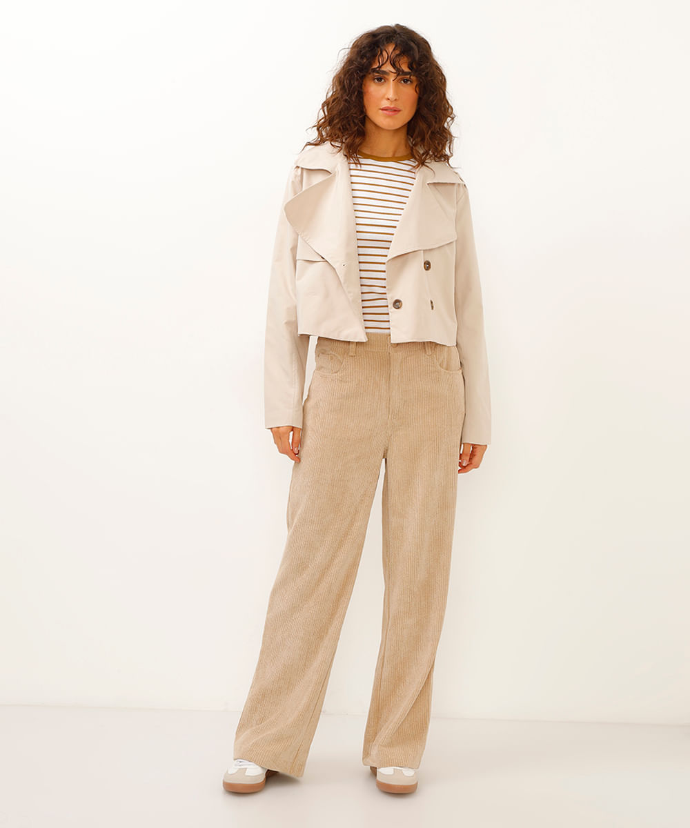calça aveludada wide leg texturizada bege