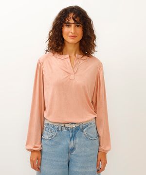 blusa de suede gola clássica manga bufante rosa