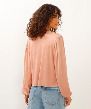 blusa de suede gola clássica manga bufante rosa