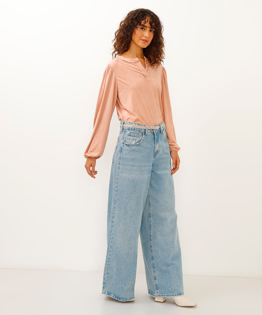 blusa de suede gola clássica manga bufante rosa