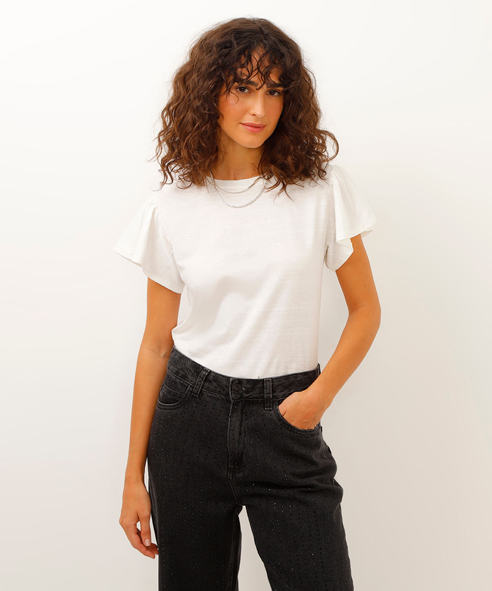 camiseta de algodão texturizada manga curta babado - off white