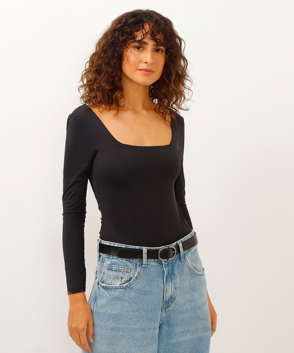 body decote quadrado manga longa preto