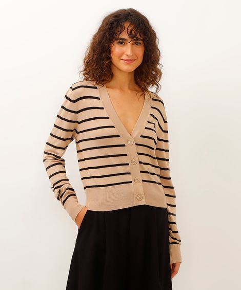 cardigan de tricot cropped listrado - areia