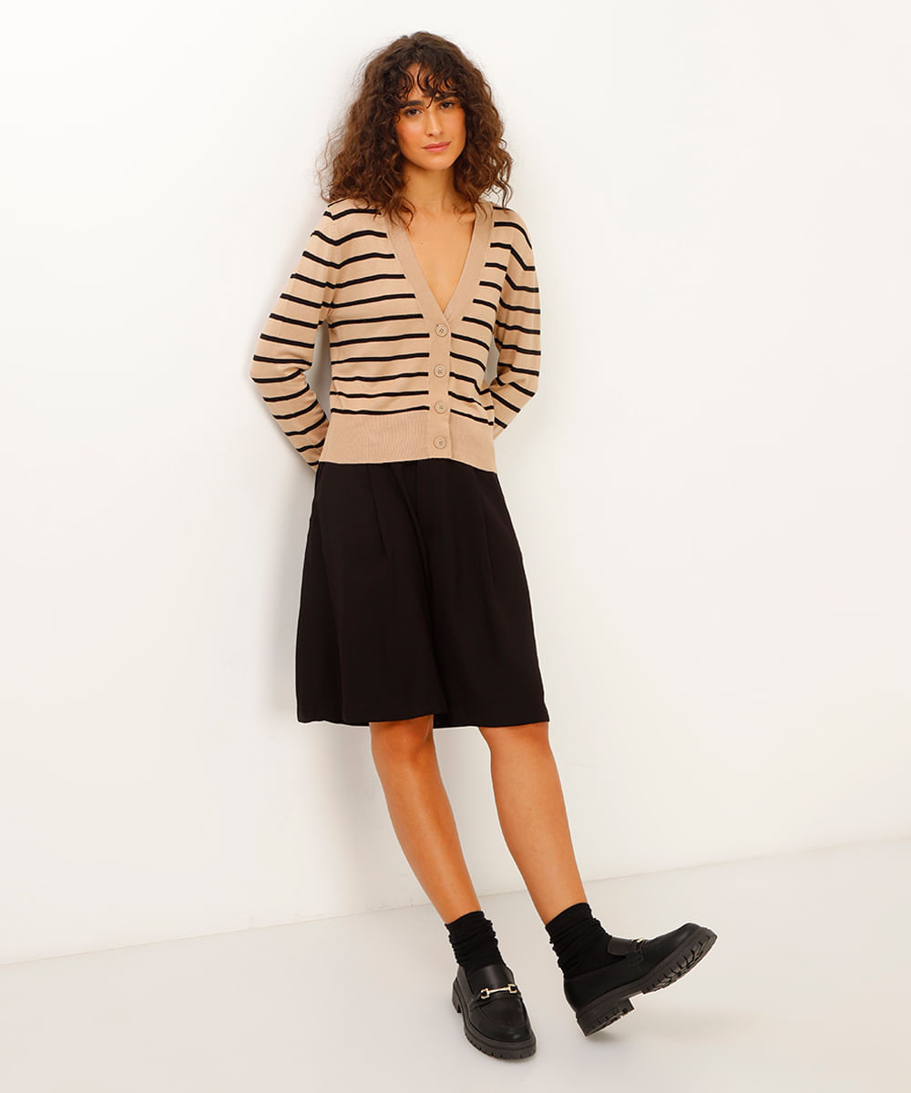 cardigan de tricot cropped listrado - areia