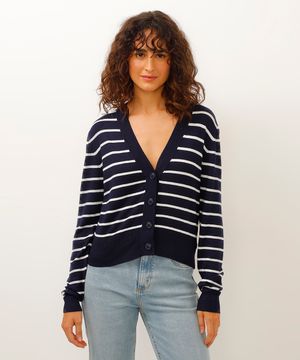 cardigan de tricot cropped listrado azul marinho