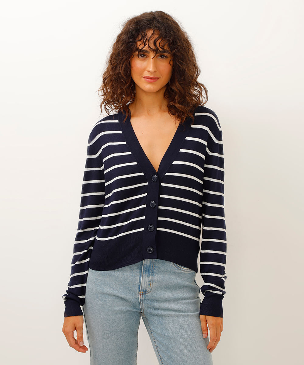 cardigan de tricot cropped listrado - azul marinho