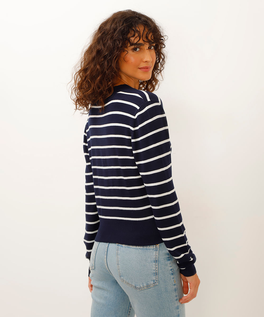 cardigan de tricot cropped listrado - azul marinho