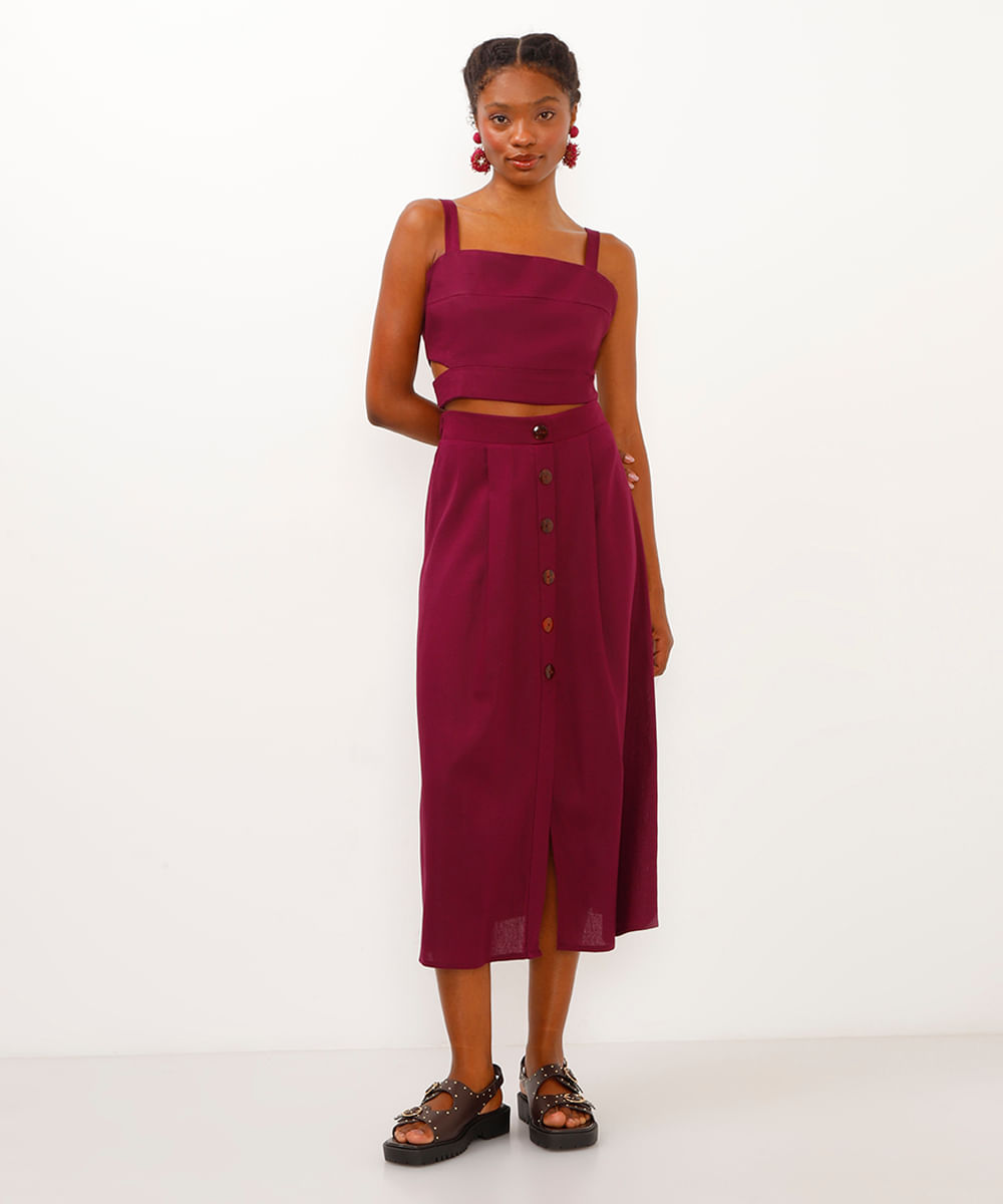 saia midi com linho botões roxo