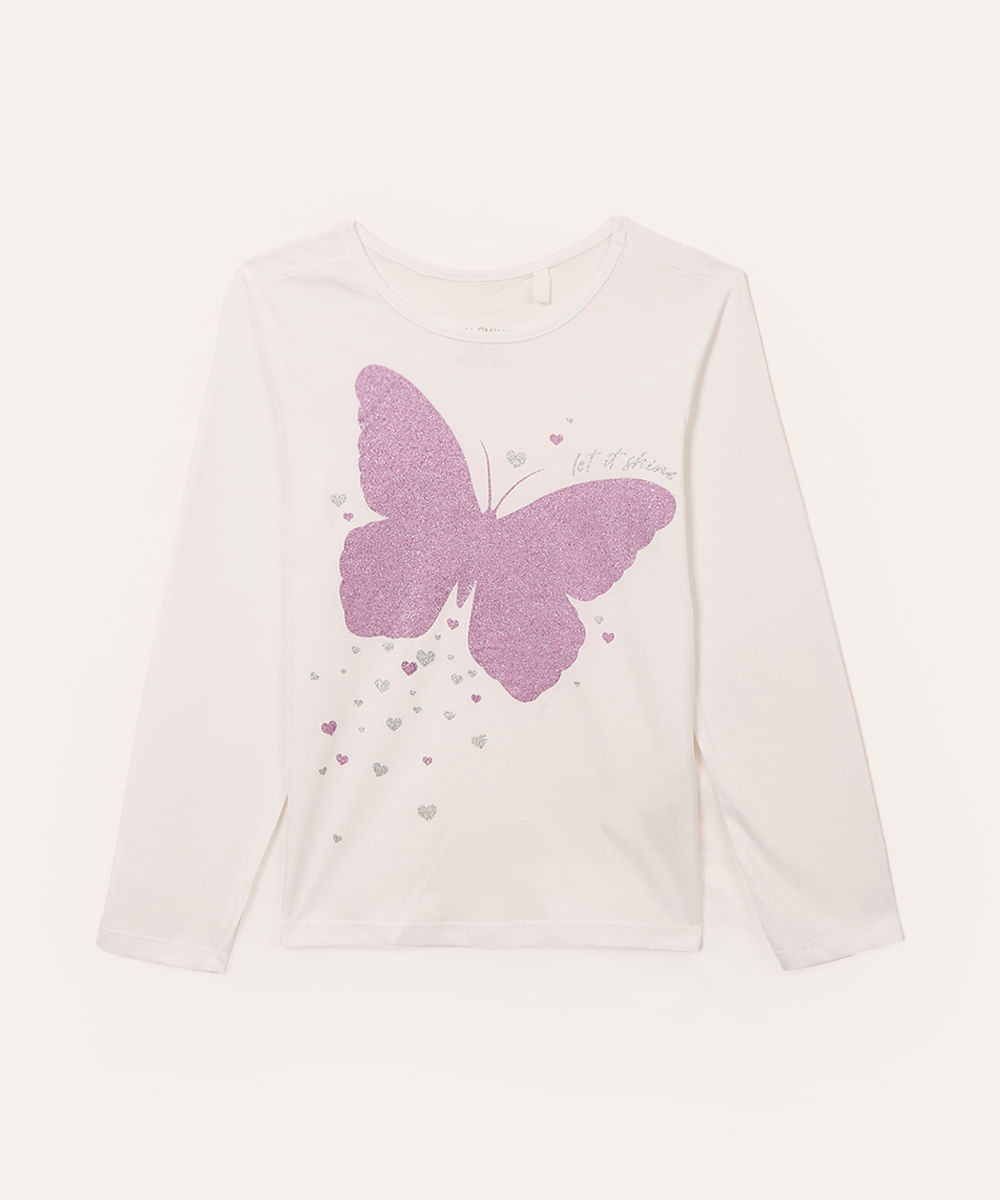 camiseta de algodão infantil borboleta manga longa off white