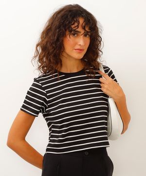 camiseta de algodão peruano cropped listrada preta