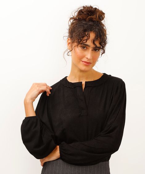 blusa de suede gola clássica manga bufante preto