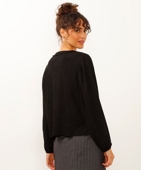 blusa de suede gola clássica manga bufante preto