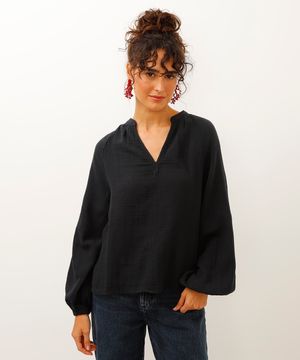 blusa bata de algodão decote v manga longa preta
