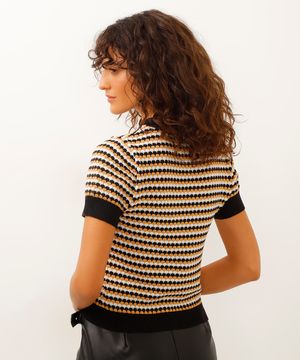 blusa de tricot manga curta listrada preta