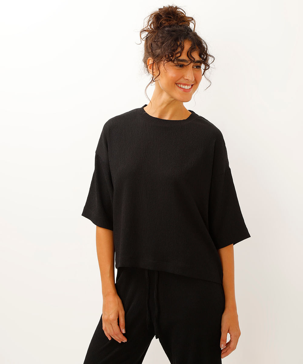 blusa manga curta texturizada preto