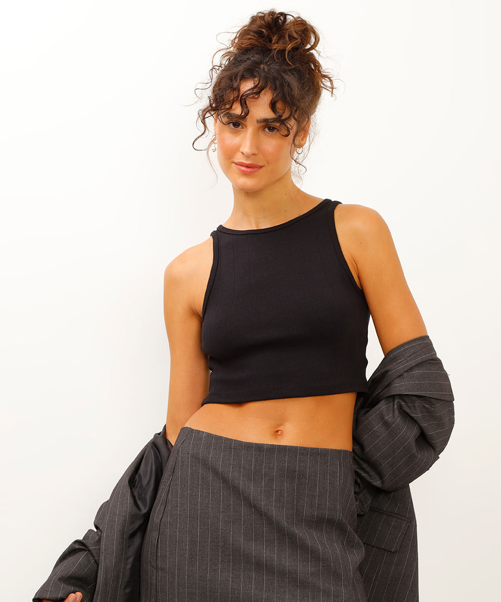 cropped de viscose canelado preto