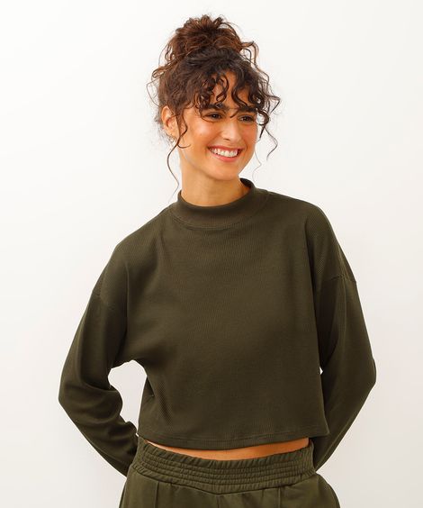 blusa texturizada básica manga longa verde - verde militar