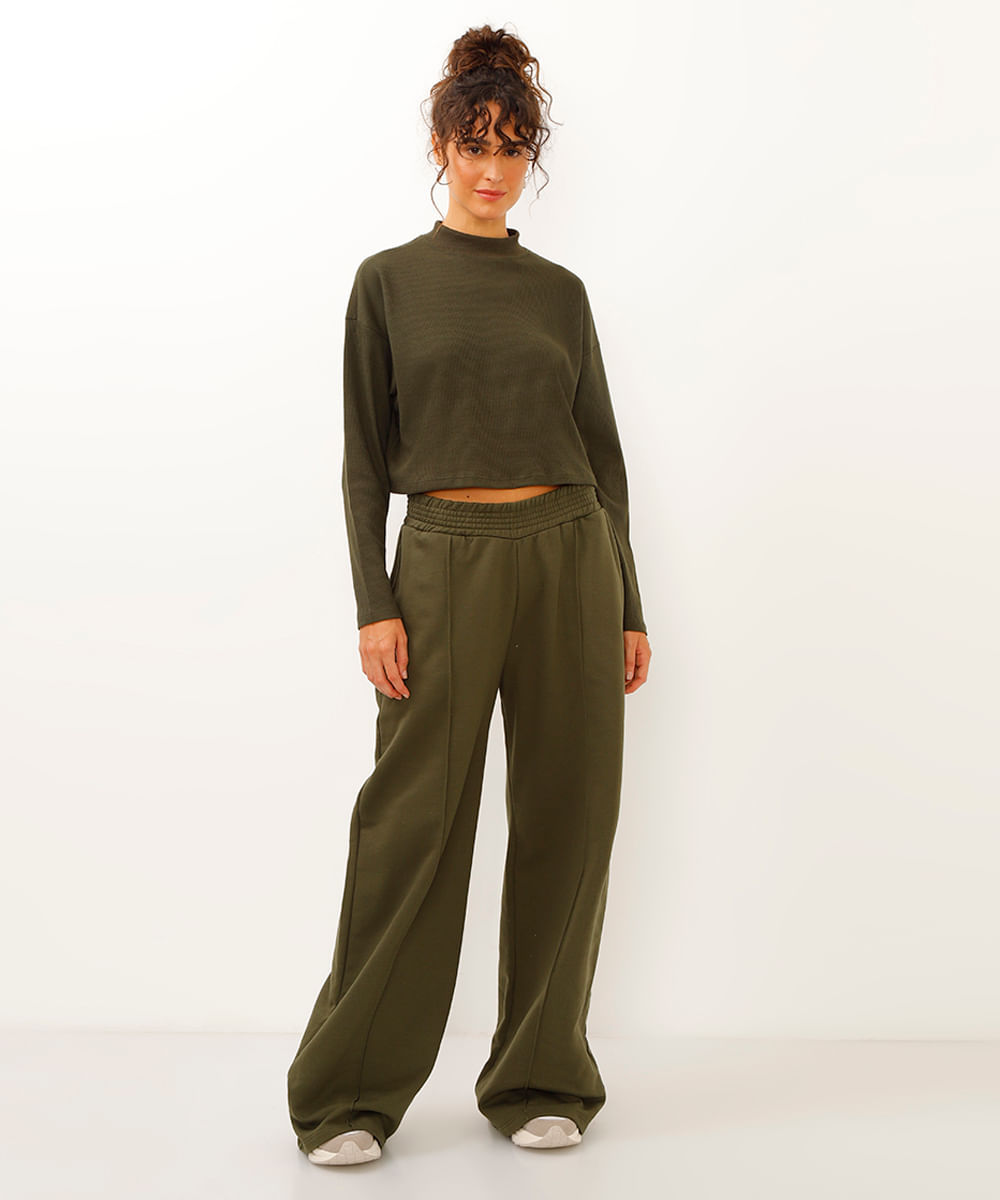 blusa texturizada básica manga longa verde - verde militar