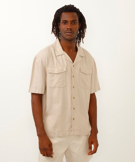 camisa com linho manga curta bege